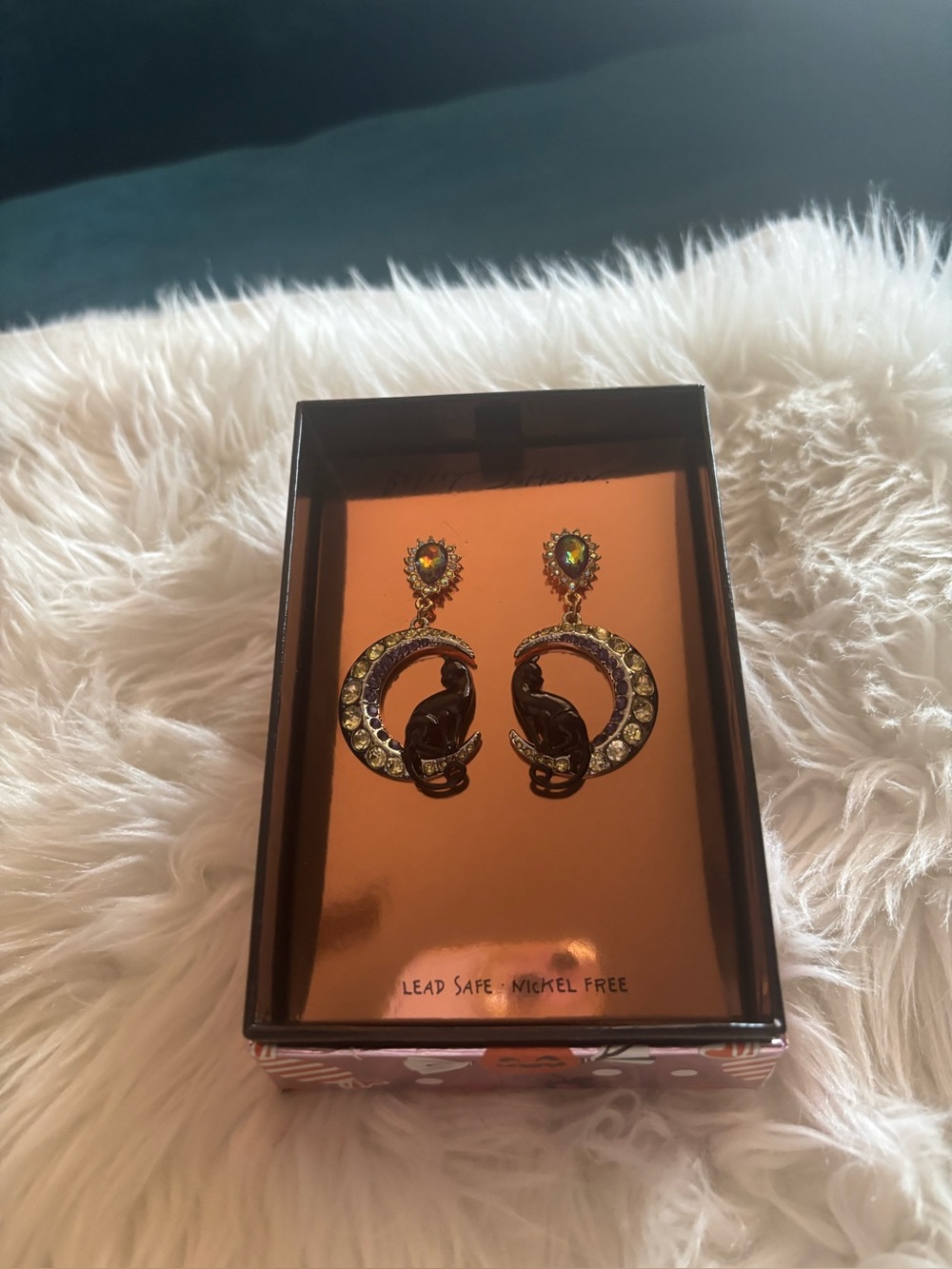 Betsey Johnson Gold Cat Crescent Crystal Drop Earrings